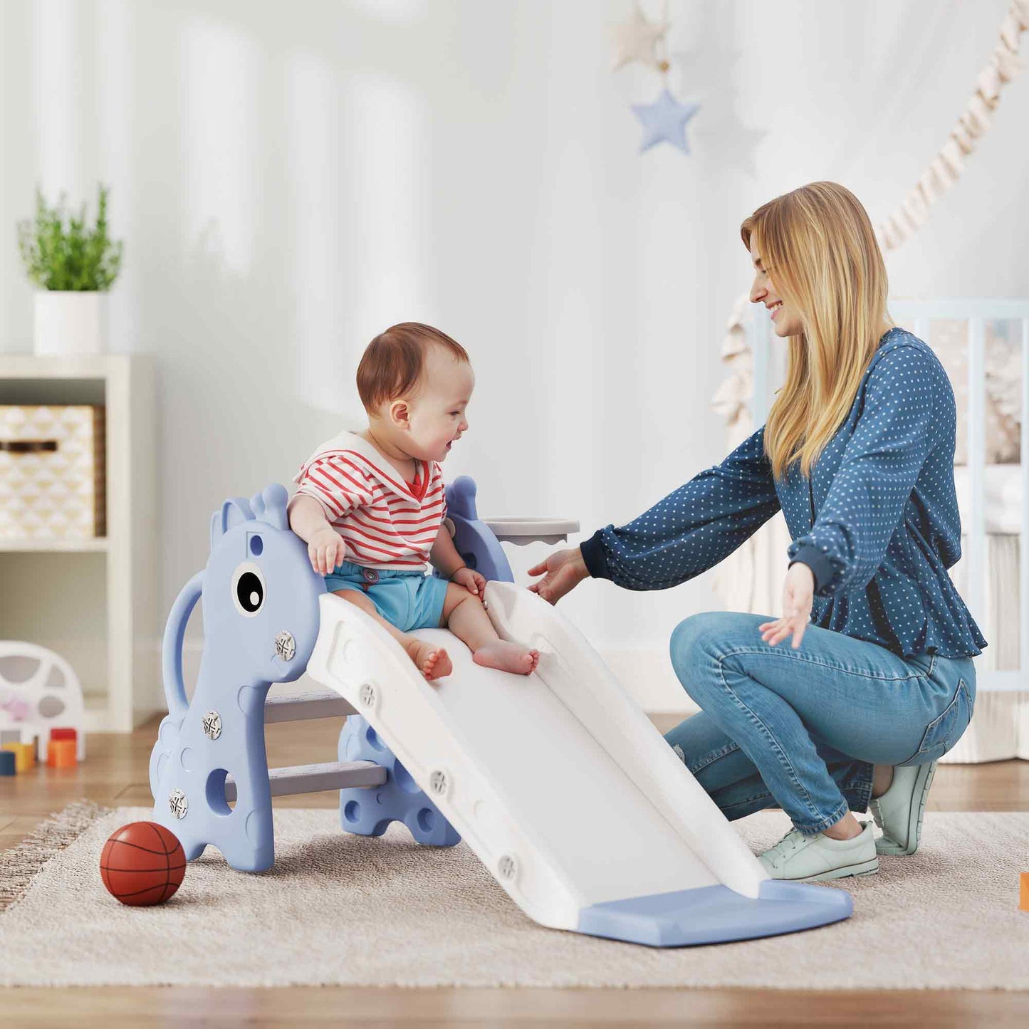 3 in 1 Kids Slide with Climber, Basketball Hoop and Ball, Blue