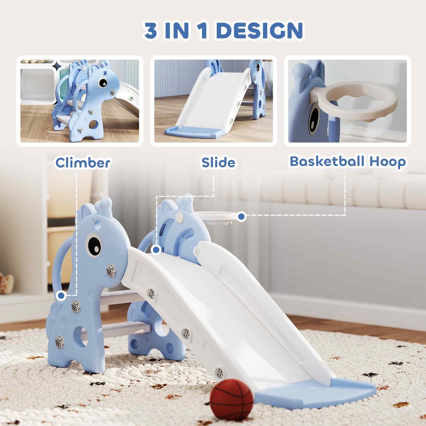 3 in 1 Kids Slide with Climber, Basketball Hoop and Ball, Blue
