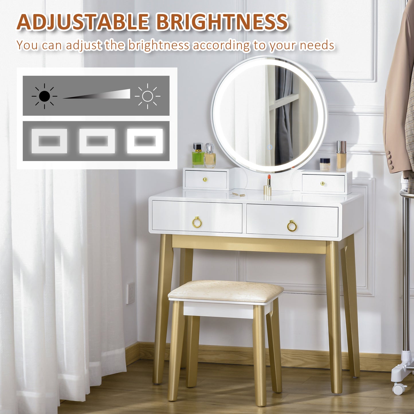 Dressing Table Set with Mirror, Built-in 3 Color LED Light, Vanity Makeup Table with 4 Drawers and Cushioned Stool for Bedroom, White