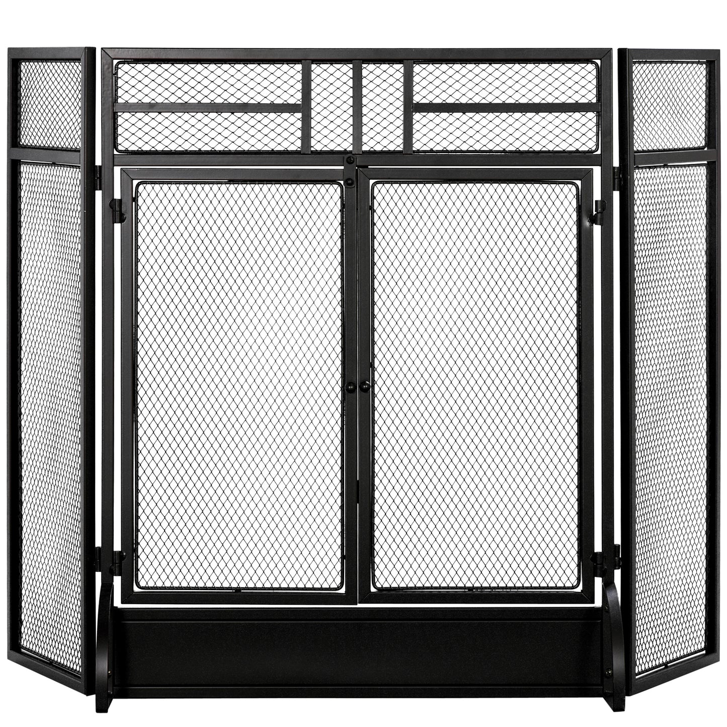 3-Panel Folding Freestanding Fireplace Screen with Door Metal Mesh, Black