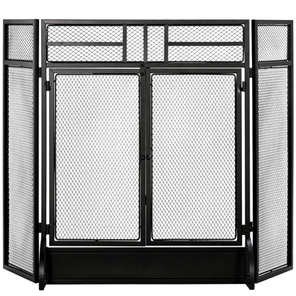 3-Panel Folding Freestanding Fireplace Screen with Door Metal Mesh, Black