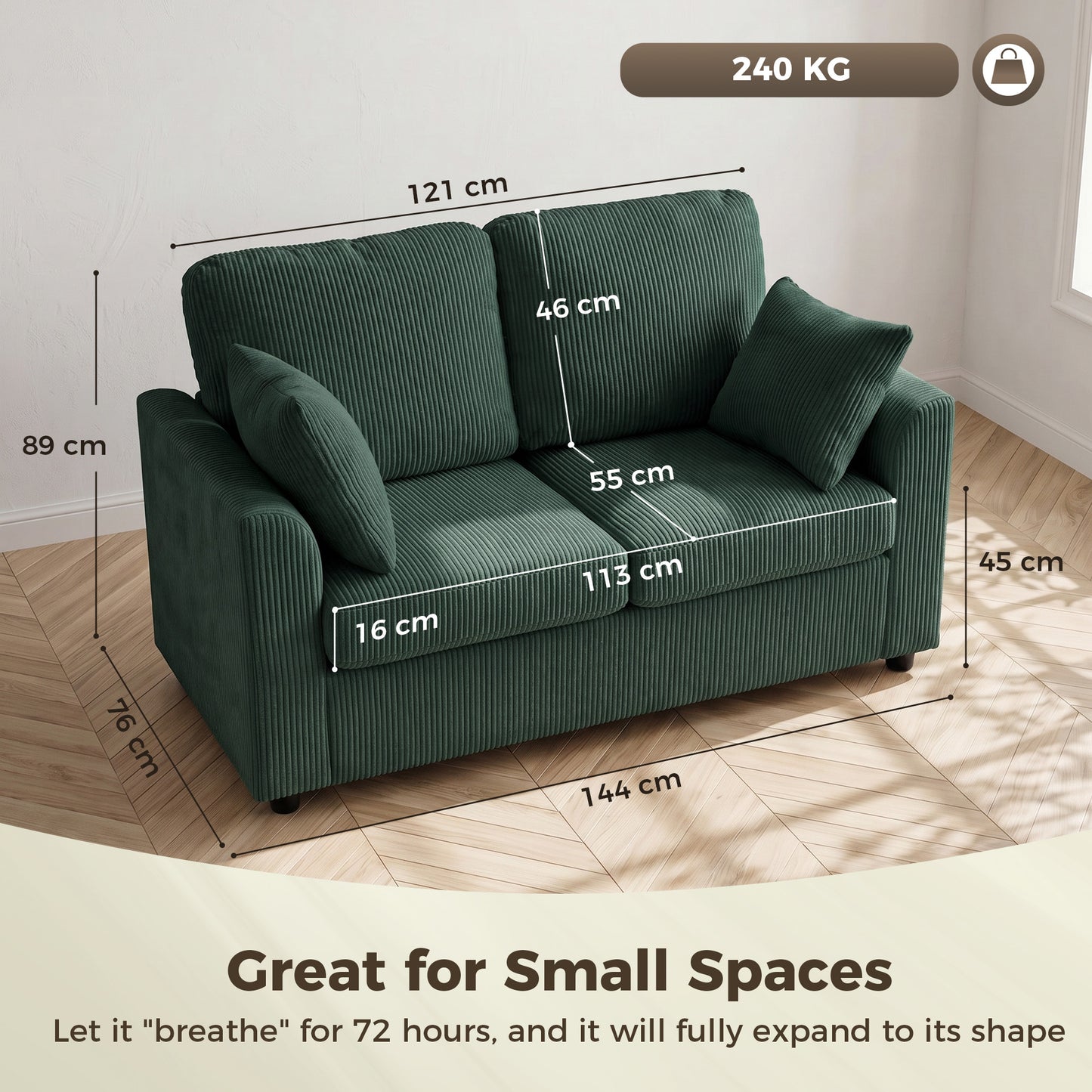 2 Seater Sofa, Corduroy Small Couch with Spring Cushion, Dark Green