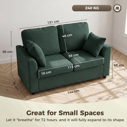 2 Seater Sofa, Corduroy Small Couch with Spring Cushion, Dark Green