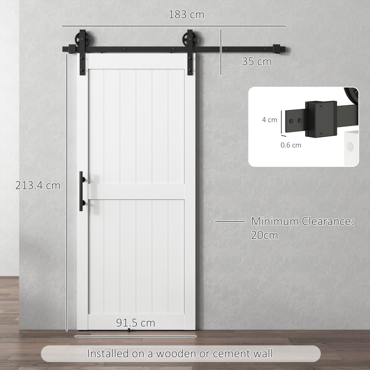 183cm Sliding Barn Door Kit, Sliding Door with Track, Hardware, Upgraded Rollers and Floor Guide, Industrial Handle, Water-Proof PVC Surface, White