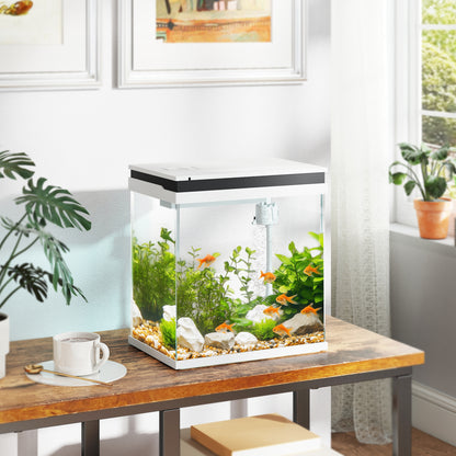 14L Small Fish Tank with Filter System, LED Lights, Water Pump, White