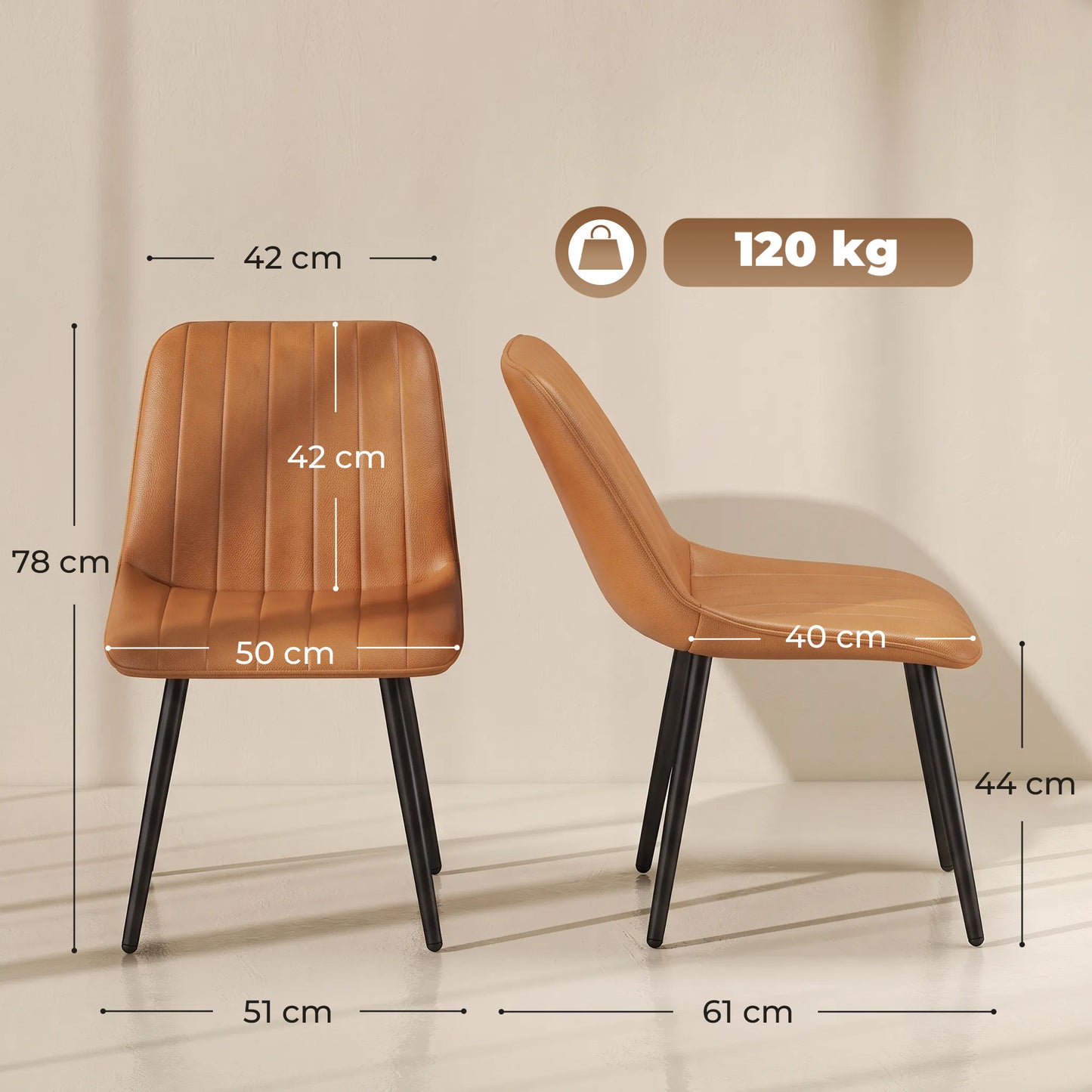 Faux Leather Upholstered Kitchen Chairs with Metal Legs, Brown