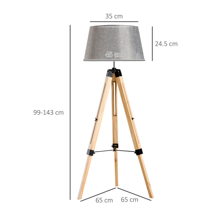 Tripod Floor Lamp Wooden Adjustable Modern Illumination Design E27 Bulb Compatible (Grey Shade) 99-143H