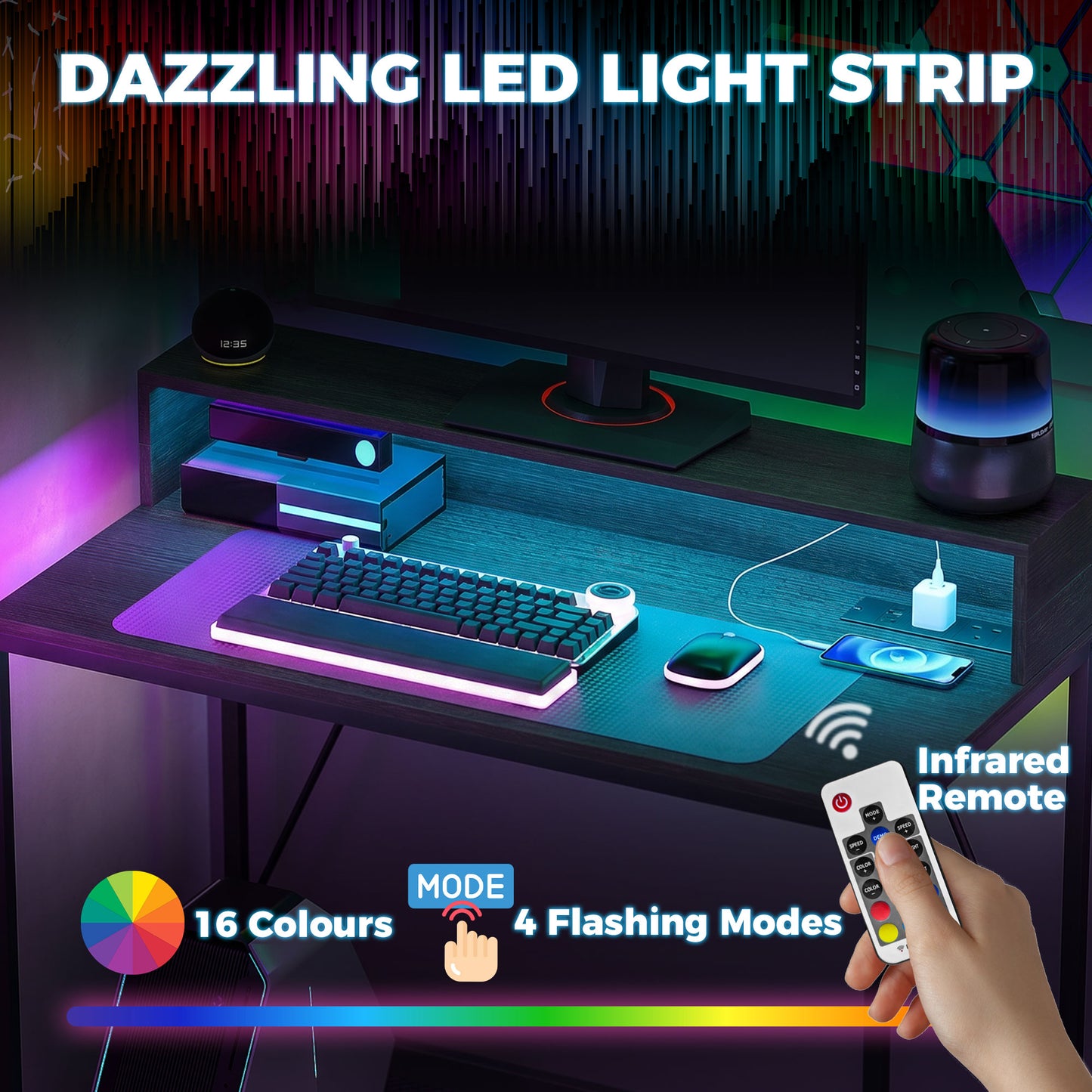 Gaming Desk with LED Lights and Power Outlets, Black Wood-Effect