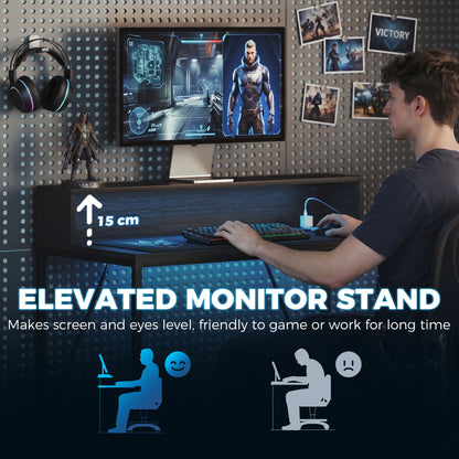 Gaming Desk with LED Lights and Power Outlets, Black Wood-Effect