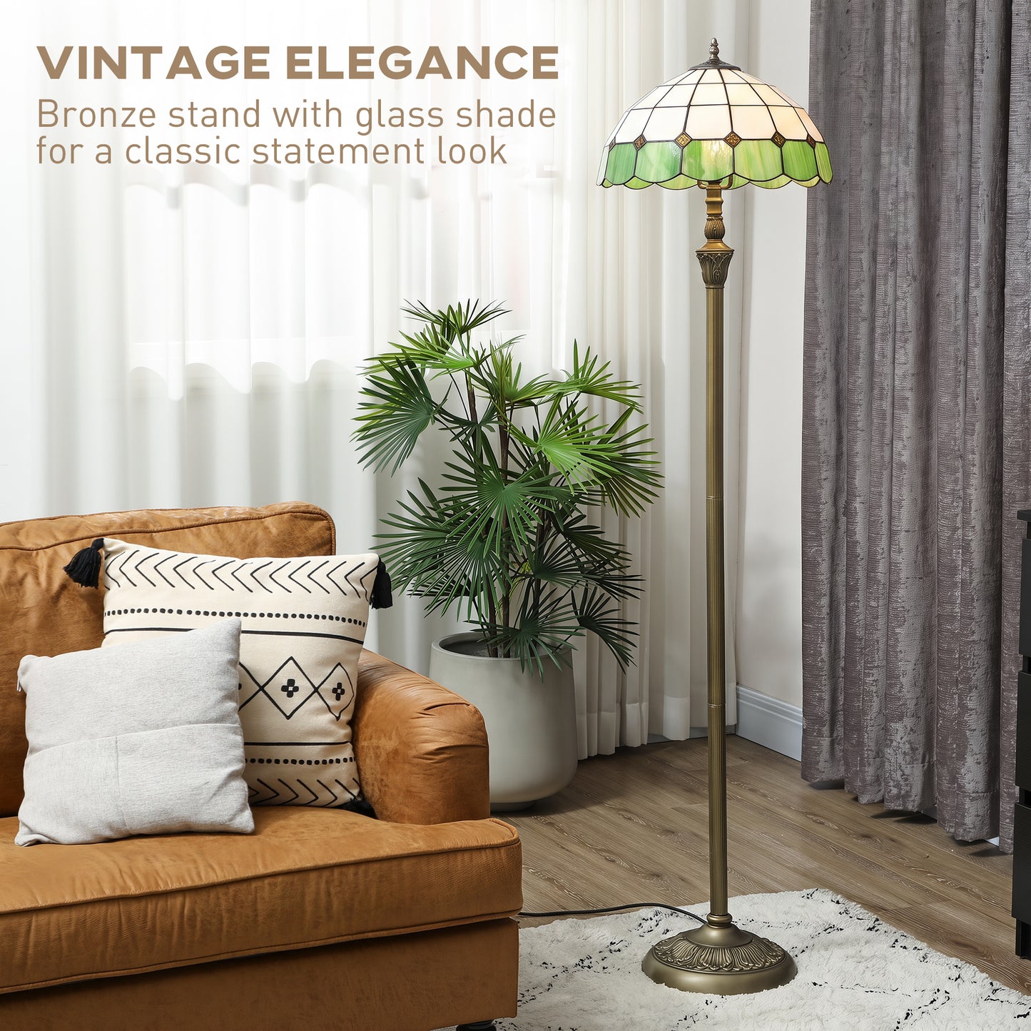 Tiffany-Style Floor Lamp with Glass Shade, Bronze Tone and Green