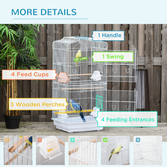 92cm Large Bird Cage with Stand, Perches, Food Bowls, Swing, White