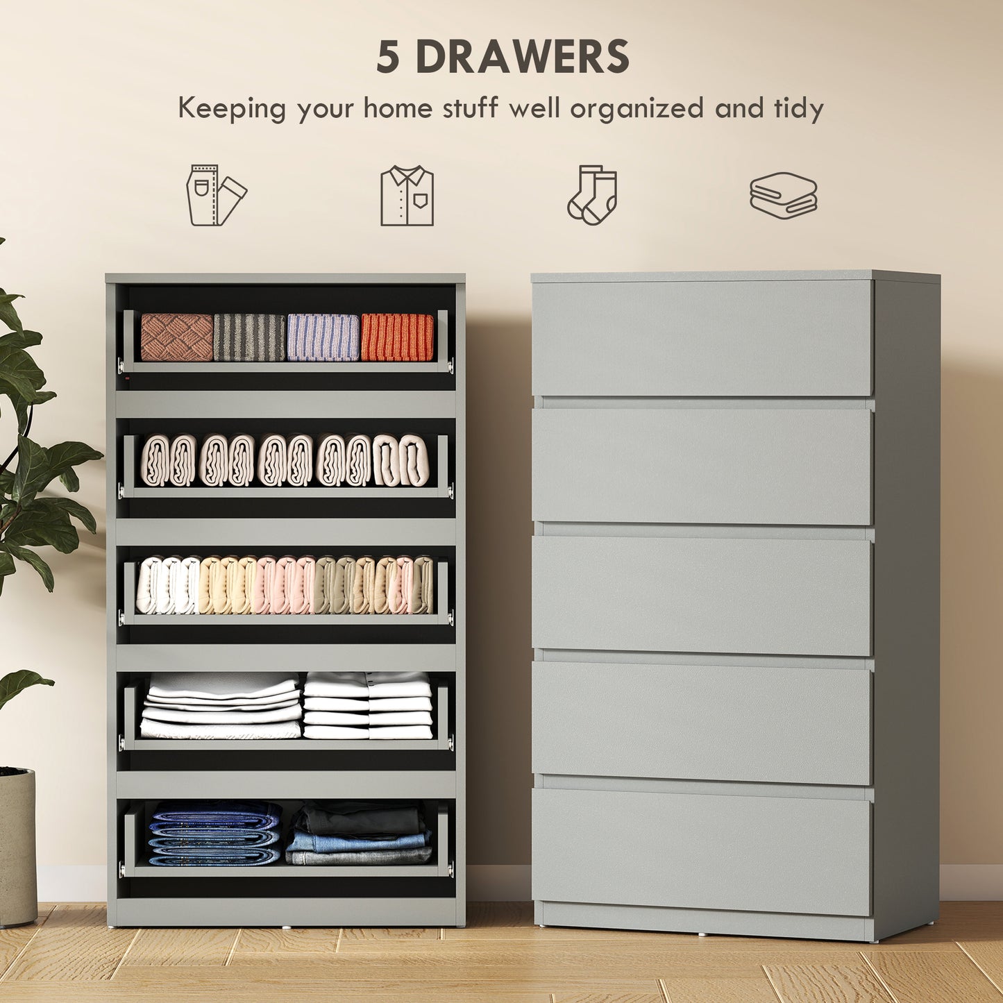Bedroom Chest of Drawers, 5 Drawers Dresser, Drawer Unit, Grey