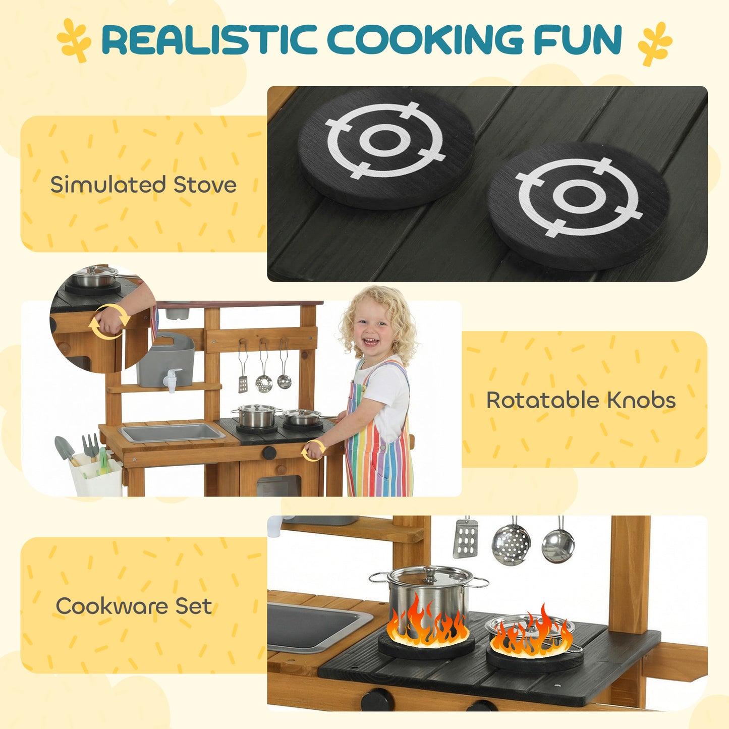Wooden Mud Kitchen with Wheels, Stove, Stainless Steel Accessories