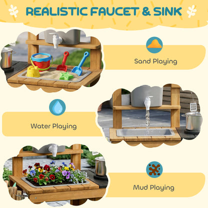 Wooden Mud Kitchen with Wheels, Stove, Stainless Steel Accessories