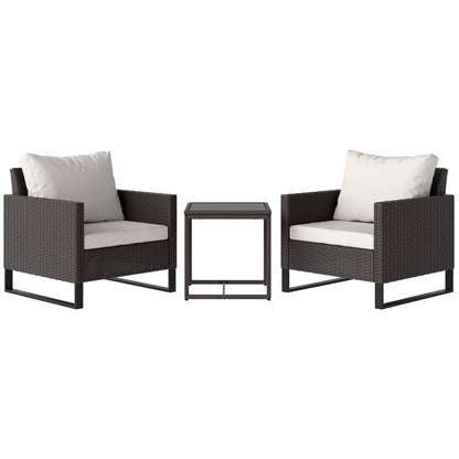 3PCS Rattan Bistro Set Glass Top Table and Chairs with 4 Cushions Brown