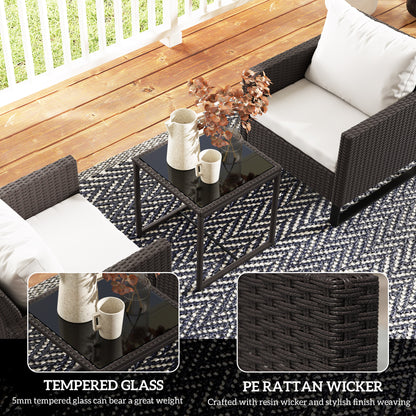 3PCS Rattan Bistro Set Glass Top Table and Chairs with 4 Cushions Brown