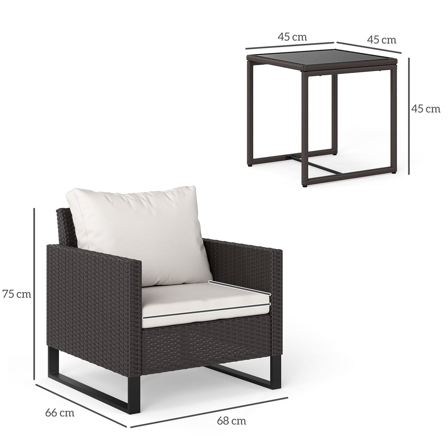 3PCS Rattan Bistro Set Glass Top Table and Chairs with 4 Cushions Brown