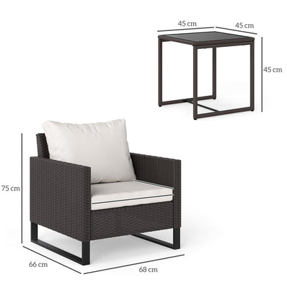 3PCS Rattan Bistro Set Glass Top Table and Chairs with 4 Cushions Brown