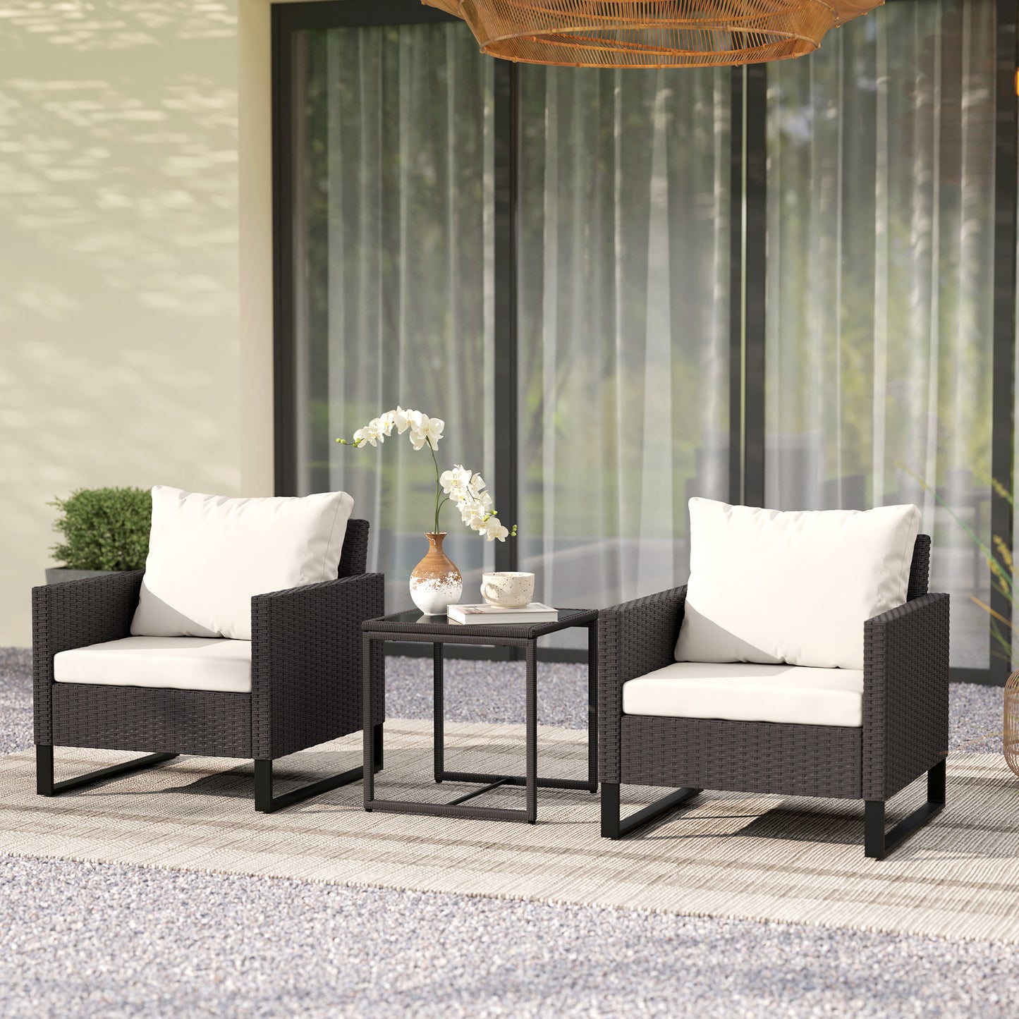 3PCS Rattan Bistro Set Glass Top Table and Chairs with 4 Cushions Brown