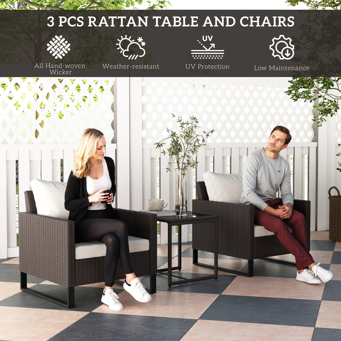 3PCS Rattan Bistro Set Glass Top Table and Chairs with 4 Cushions Brown