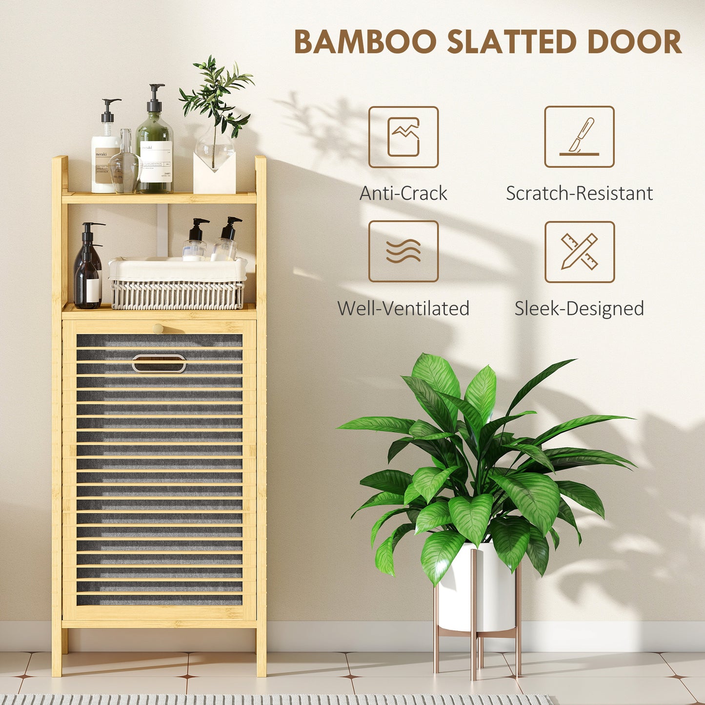 Removable 37L Laundry Hamper with Bamboo Bathroom Storage Cabinet