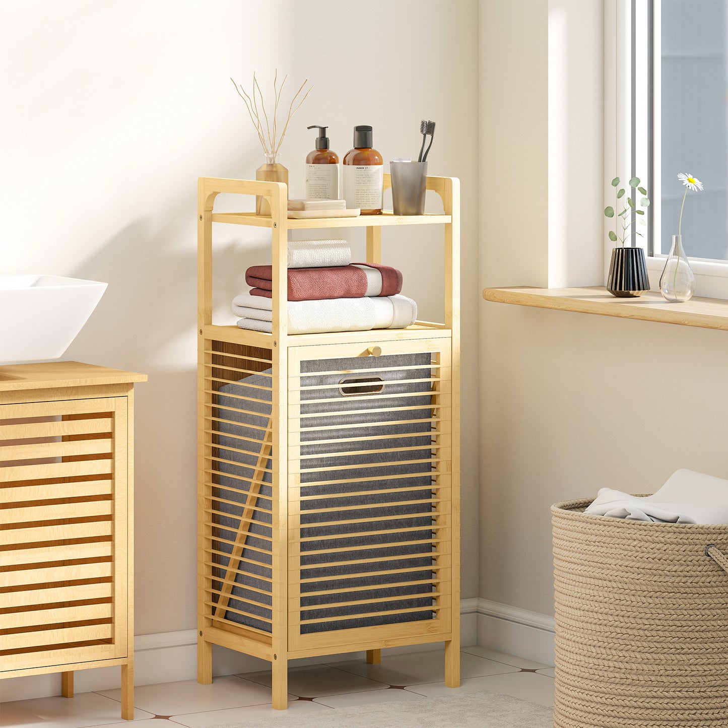 Removable 37L Laundry Hamper with Bamboo Bathroom Storage Cabinet