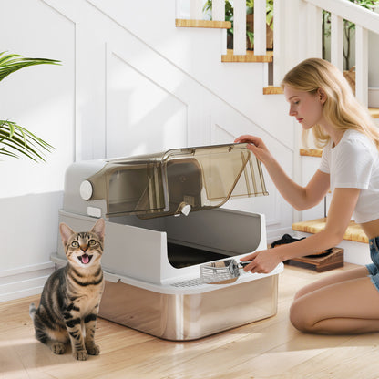 XXL Stainless Steel Litter Tray, Enclosed Cat Litter Box w/ Cover