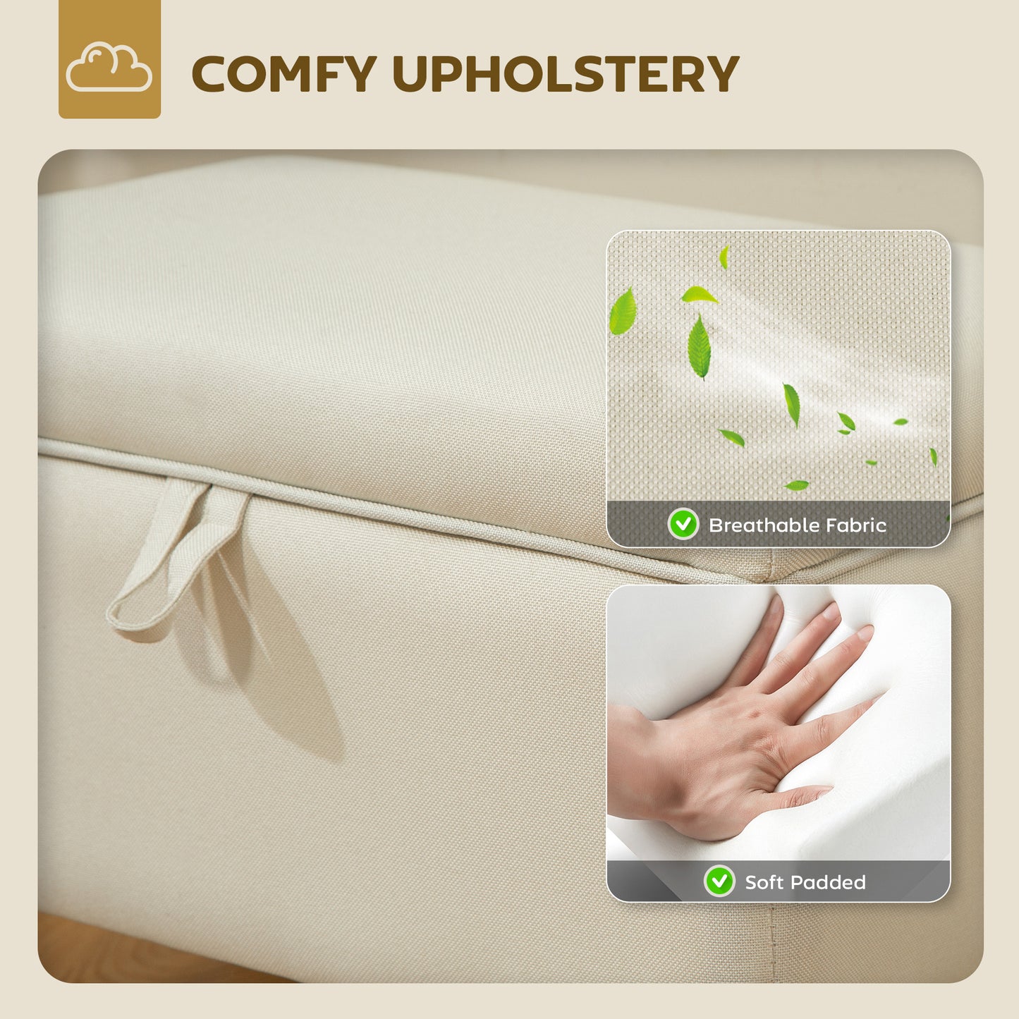 Linen Storage Ottoman Storage Box with Rubberwood Legs, Beige