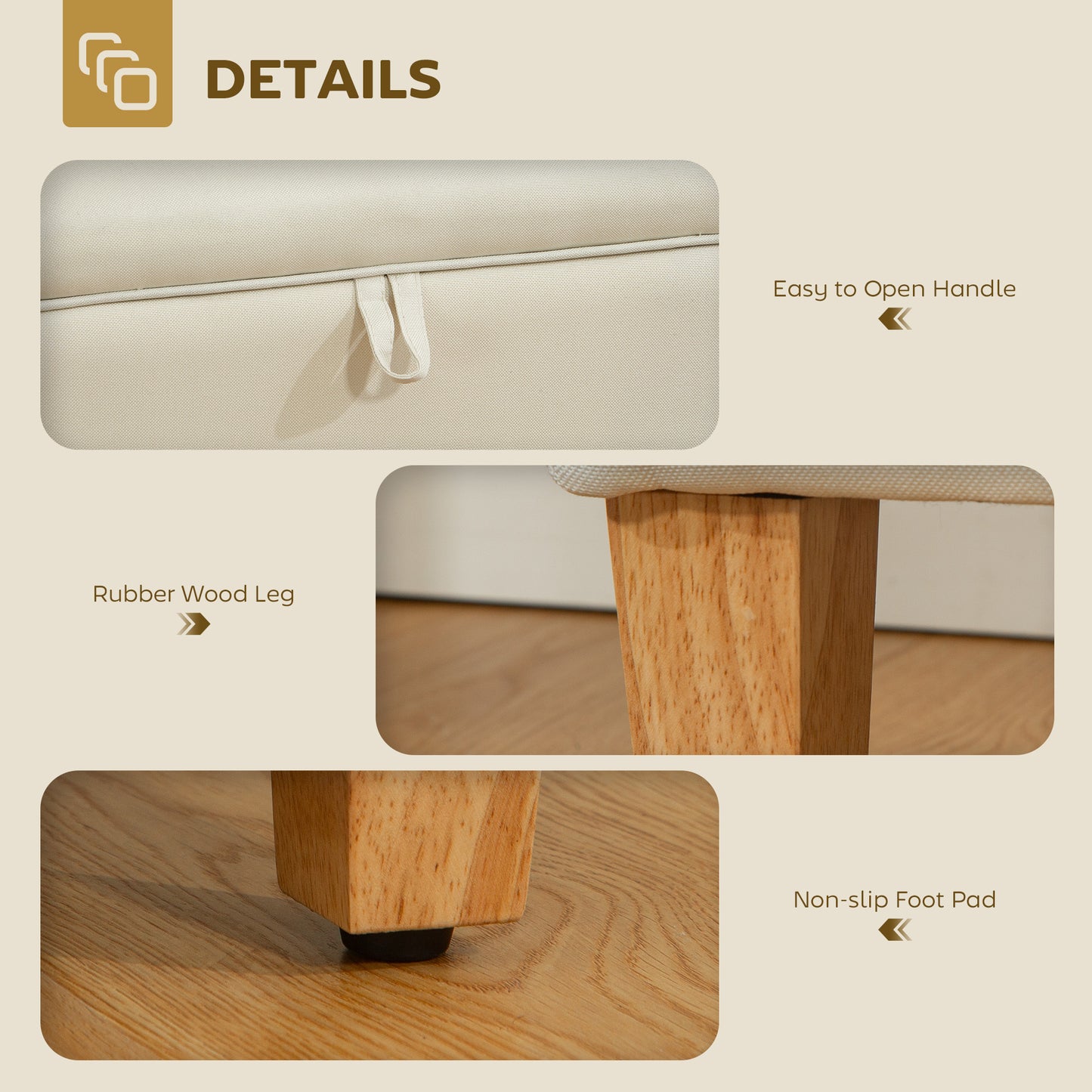 Linen Storage Ottoman Storage Box with Rubberwood Legs, Beige
