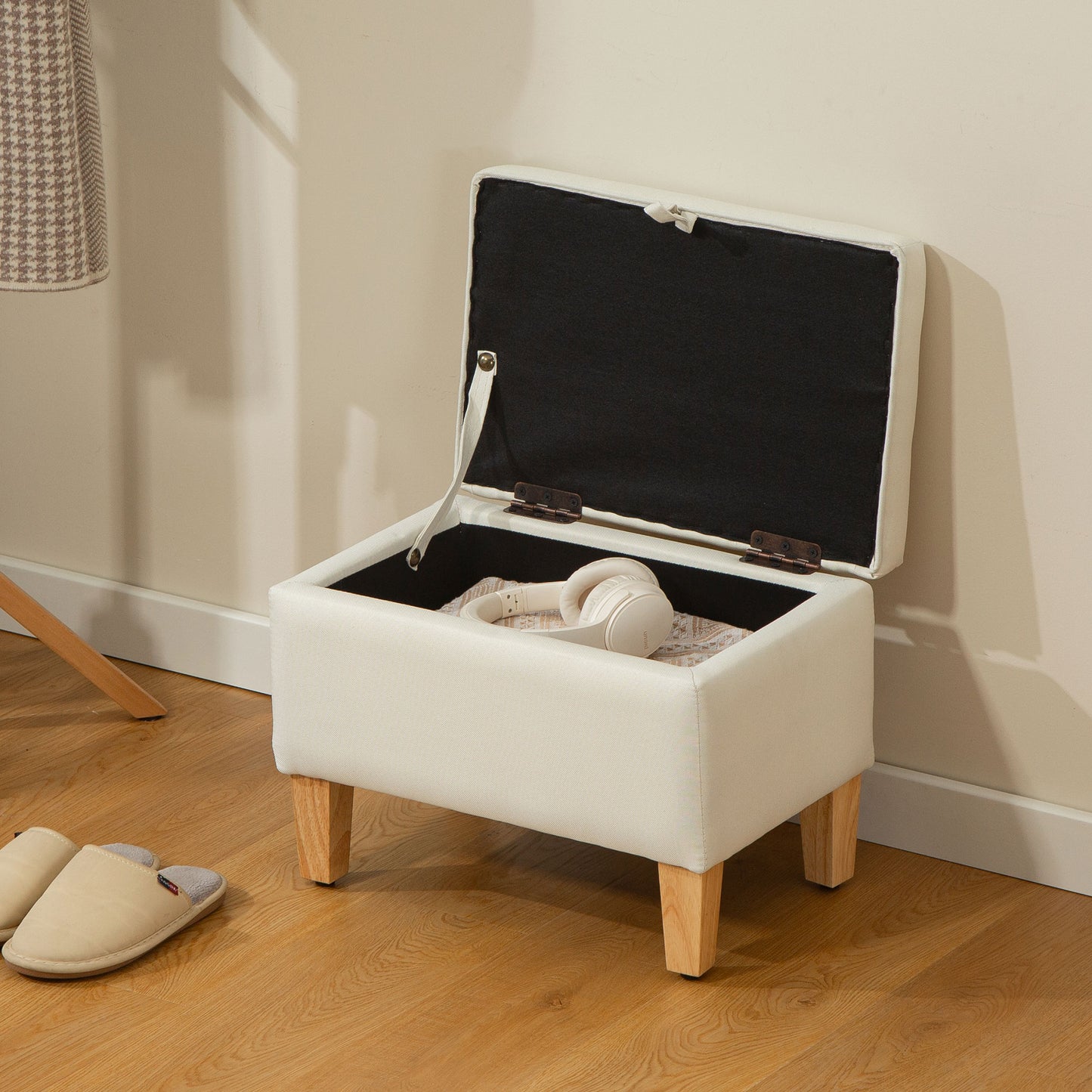 Linen Storage Ottoman Storage Box with Rubberwood Legs, Beige