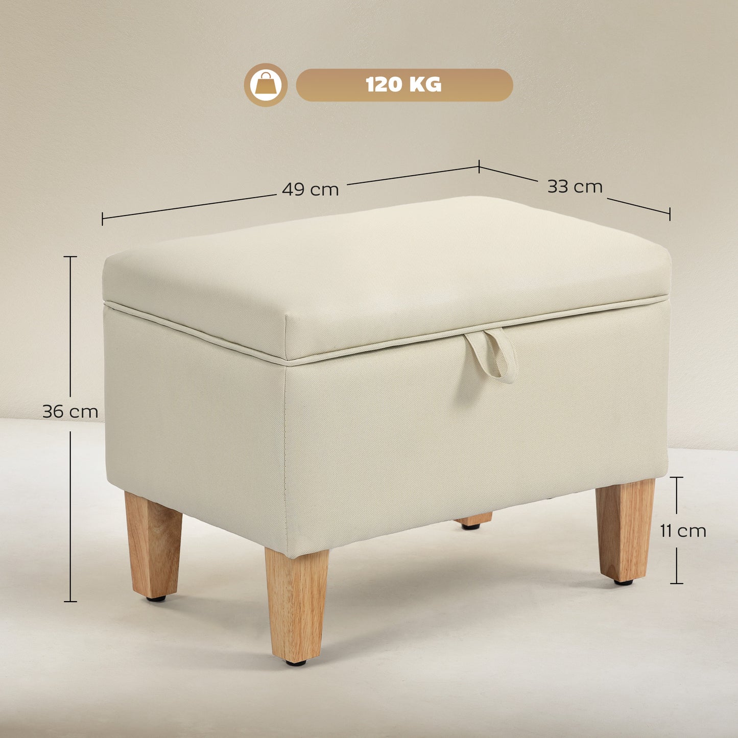 Linen Storage Ottoman Storage Box with Rubberwood Legs, Beige