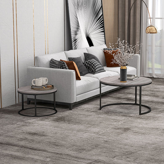 2 Pcs Stacking Coffee Table Set Steel Frame Wood Effect Top Foot Pads