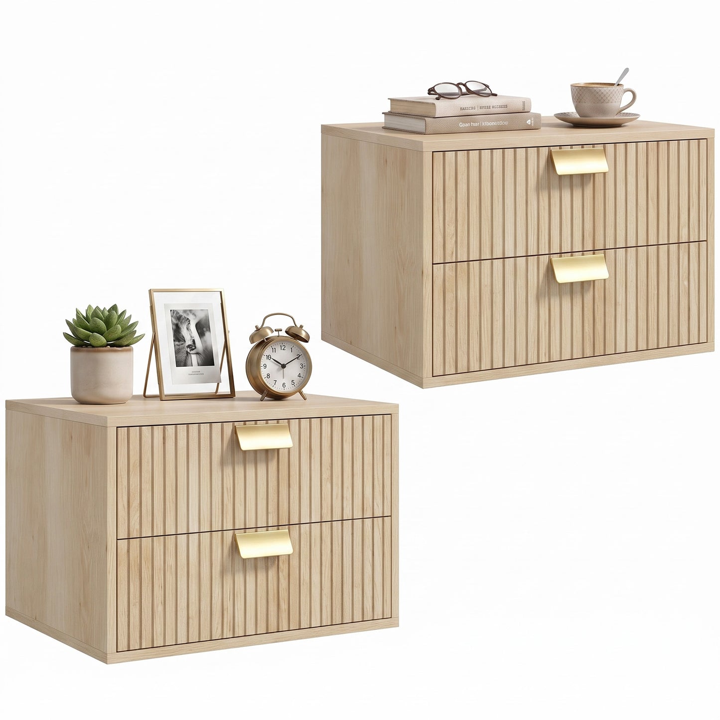2pcs Modern Floating Nightstands,  2 Drawers Bedside Tables, Oak