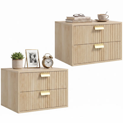 2pcs Modern Floating Nightstands,  2 Drawers Bedside Tables, Oak