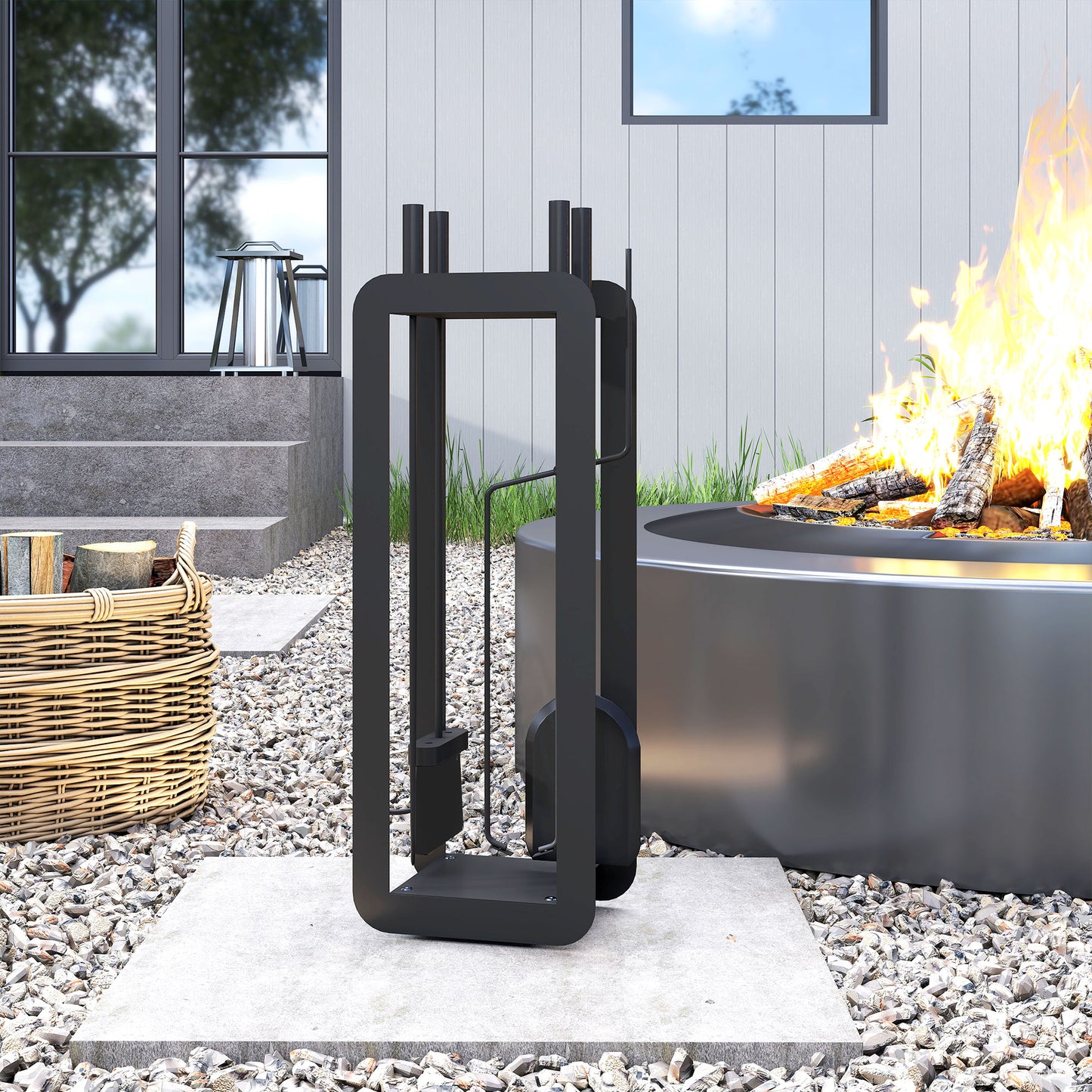 5 Pieces Fireplace Companion Set, Metal Fireplace Accessories Fireside Companion Set with Brush, Shovel, Poker, A Pair of Tongs, Stand, Black