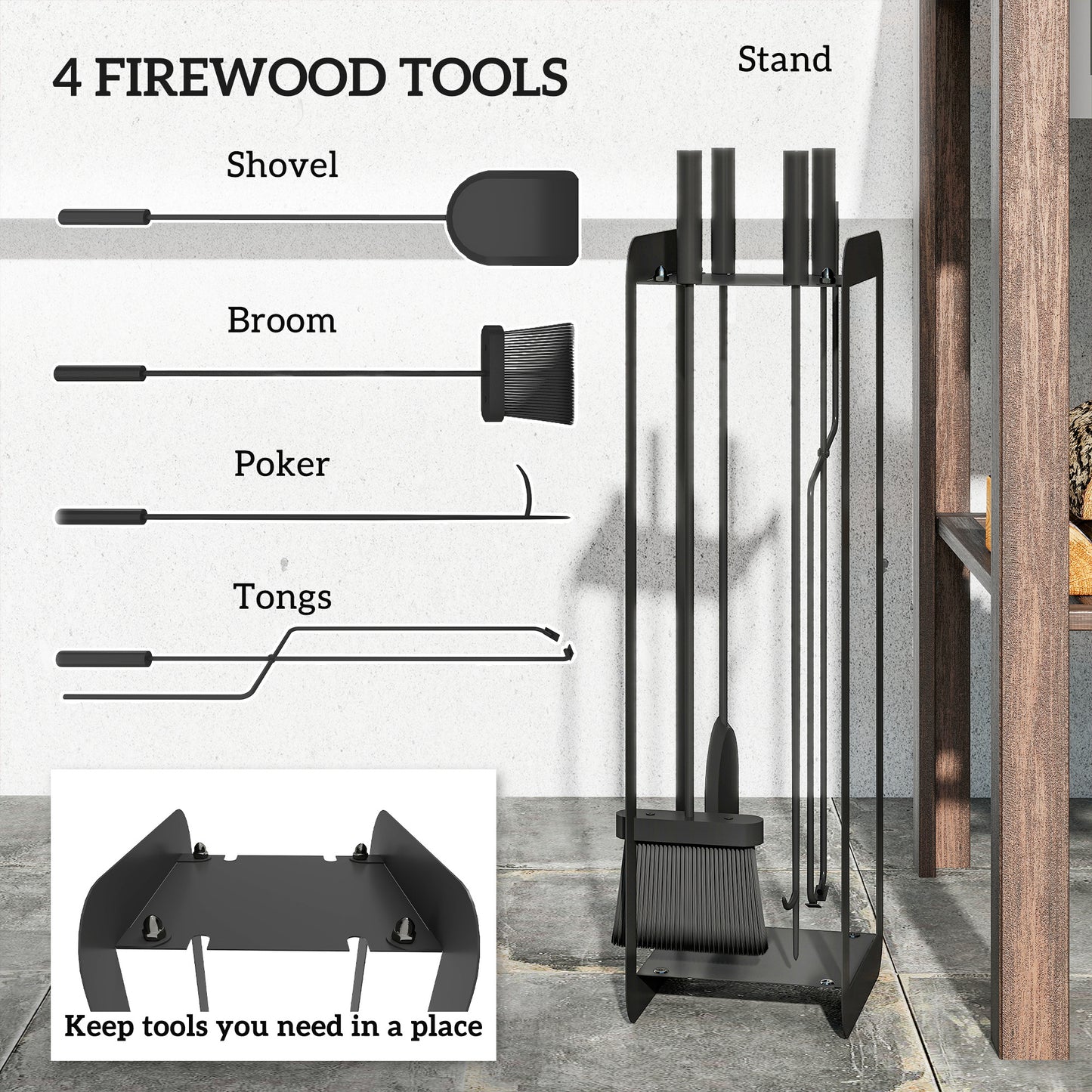 5 Pieces Fireplace Companion Set, Metal Fireplace Accessories Fireside Companion Set with Brush, Shovel, Poker, A Pair of Tongs, Stand, Black