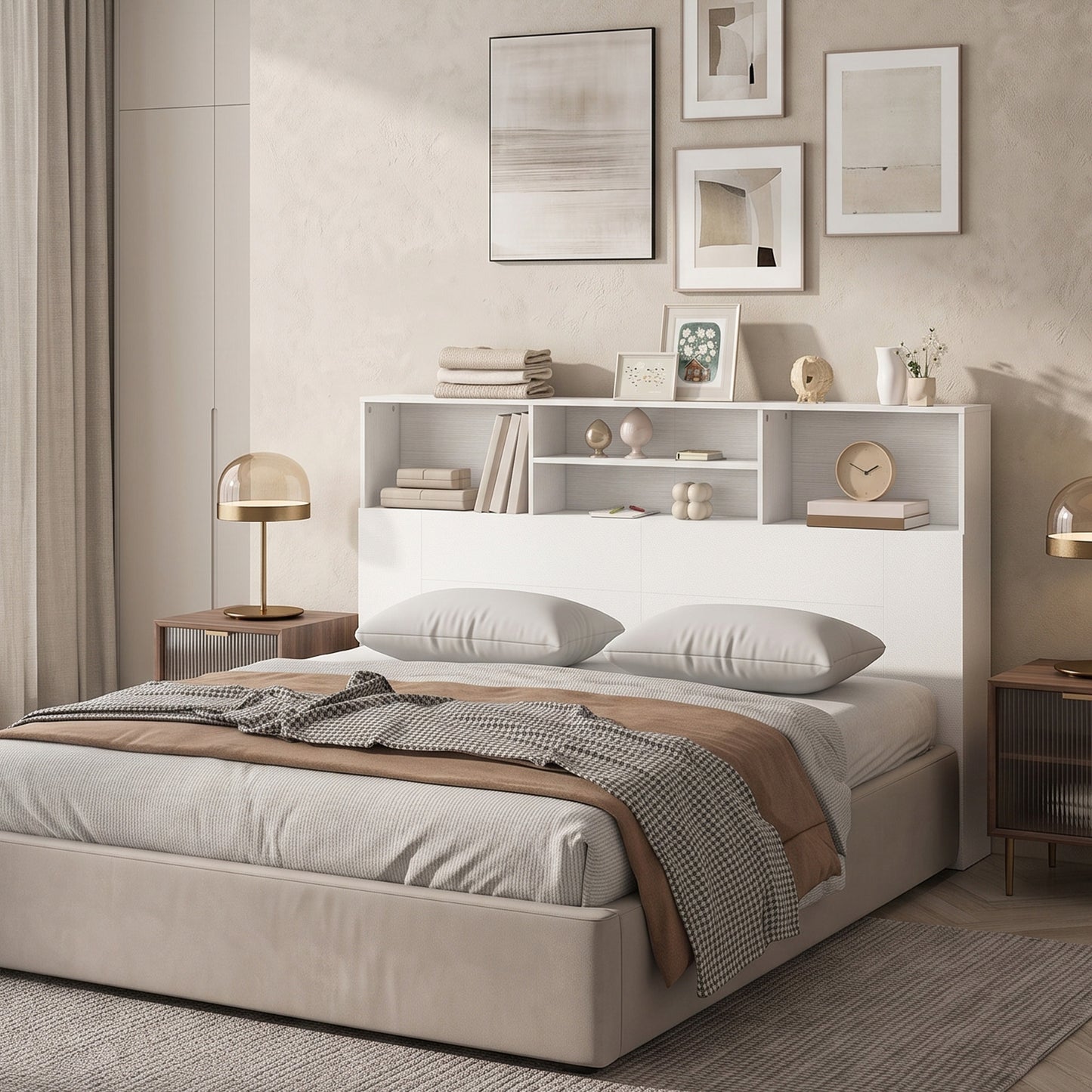King Size Headboard with Storage and 4 Open Compartments, White