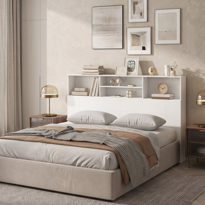King Size Headboard with Storage and 4 Open Compartments, White