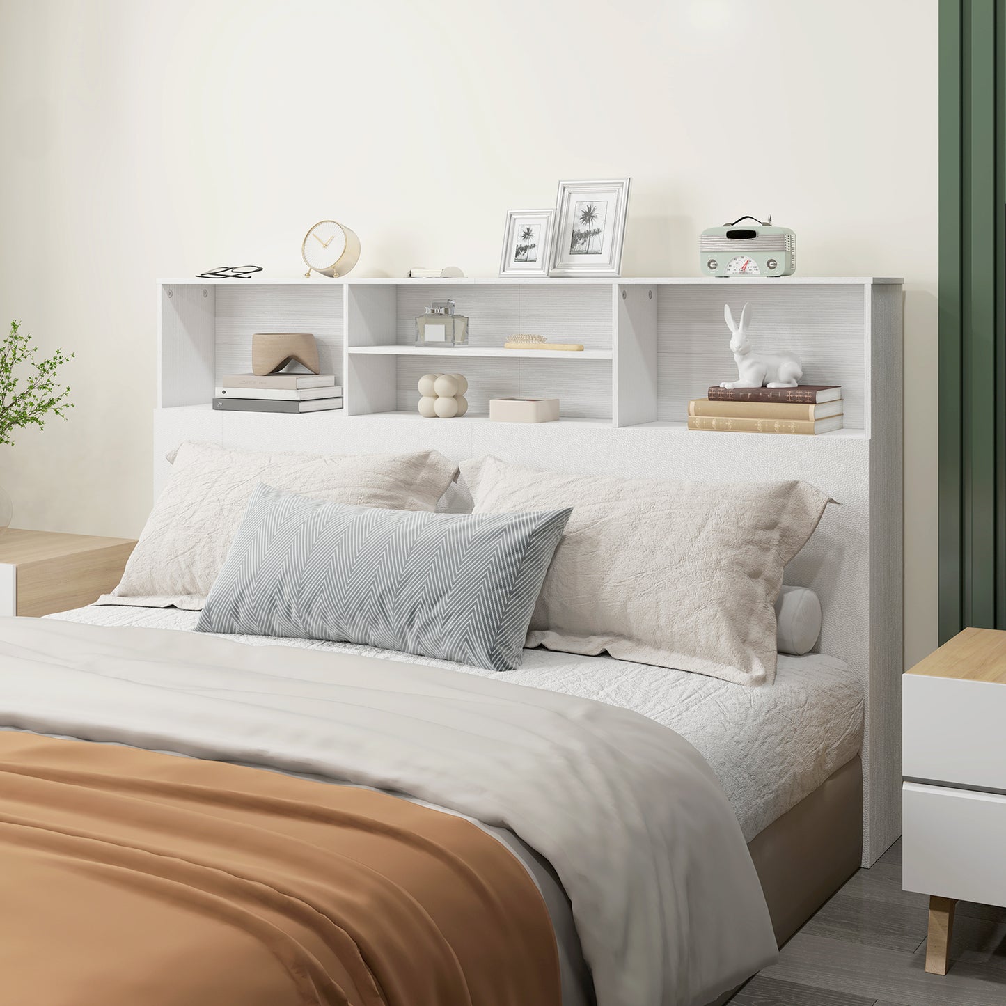 King Size Headboard with Storage and 4 Open Compartments, White