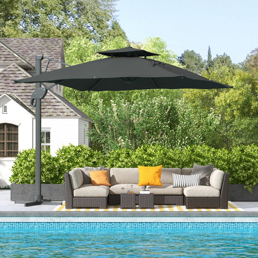 Garden Parasol, 3(m) Cantilever Parasol with Hydraulic Mechanism, Dual Vented Top, 8 Ribs, Cross Base, Grey