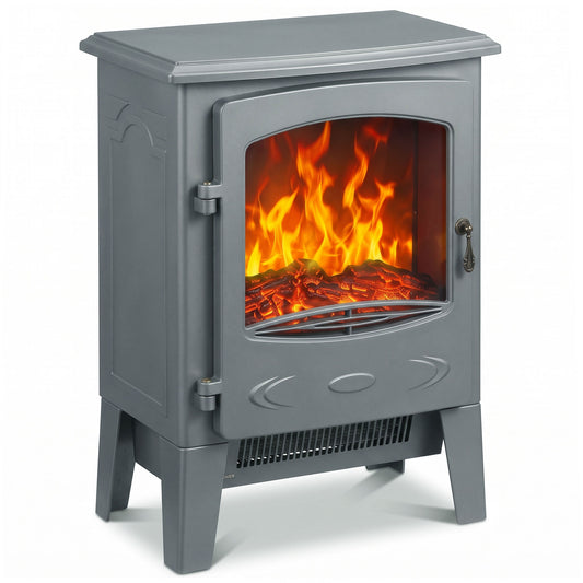 Electric Fireplace Freestanding w/ Realistic Flame Effect, Grey