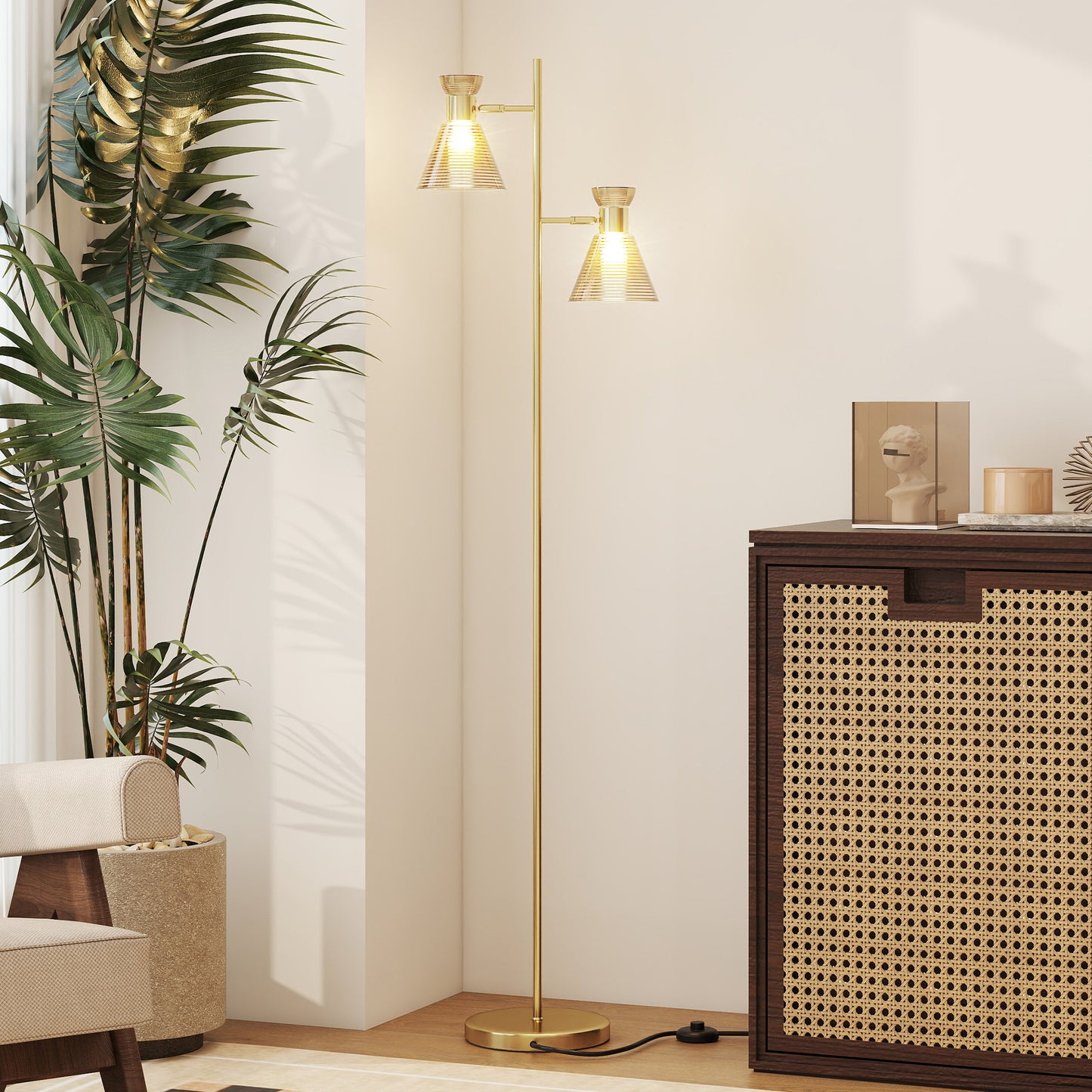 Standing Lamp with Adjustable Dual Head, Modern Floor Lamp, Gold Tone