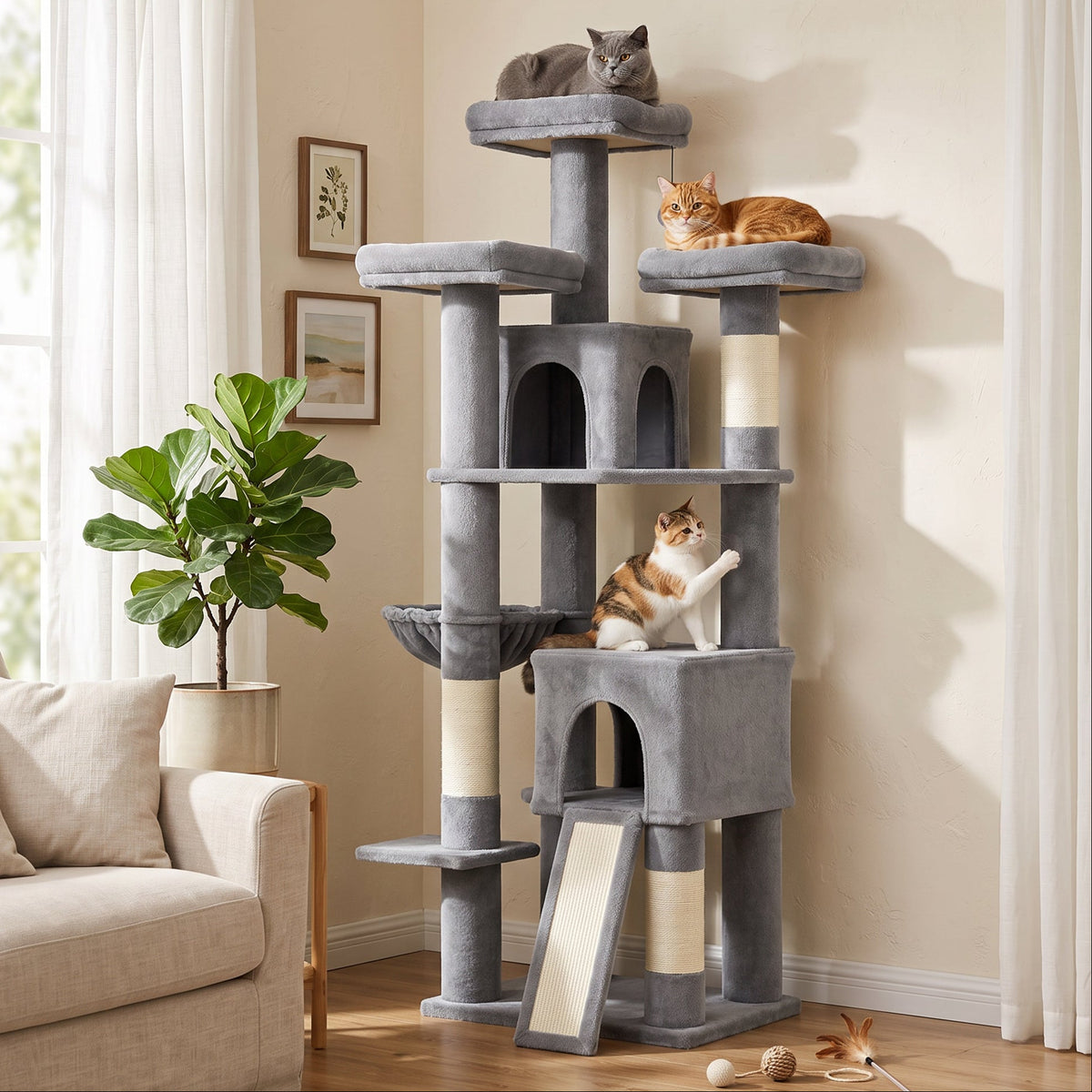 184cm Cat Tree with 2 Condos, 3 Beds and Hammock - Dark Grey