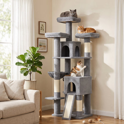 184cm Cat Tree with 2 Condos, 3 Beds and Hammock - Dark Grey