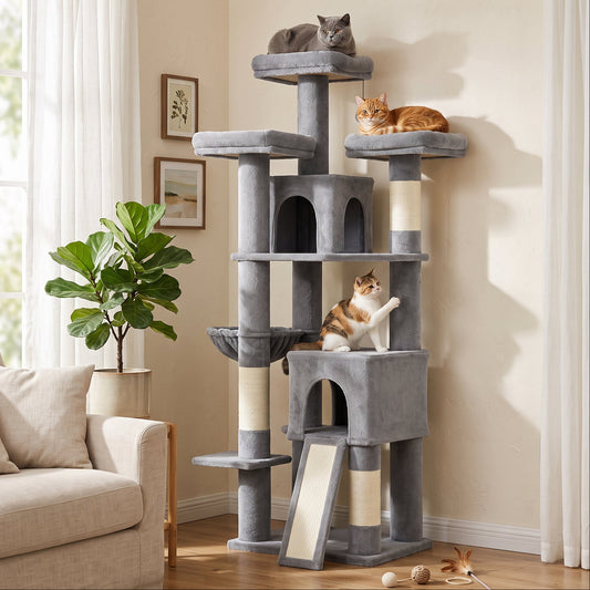 184cm Cat Tree with 2 Condos, 3 Beds and Hammock - Dark Grey