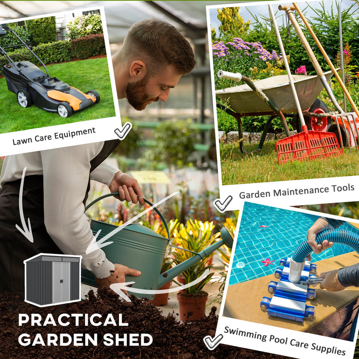 6.5 x 4FT Galvanised Metal Shed with Foundation, Lockable Tool Garden Shed with Double Sliding Doors and 2 Vents, Grey