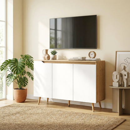 Sideboard Storage Cabinet with 5 Rubberwood Legs, White and Oak