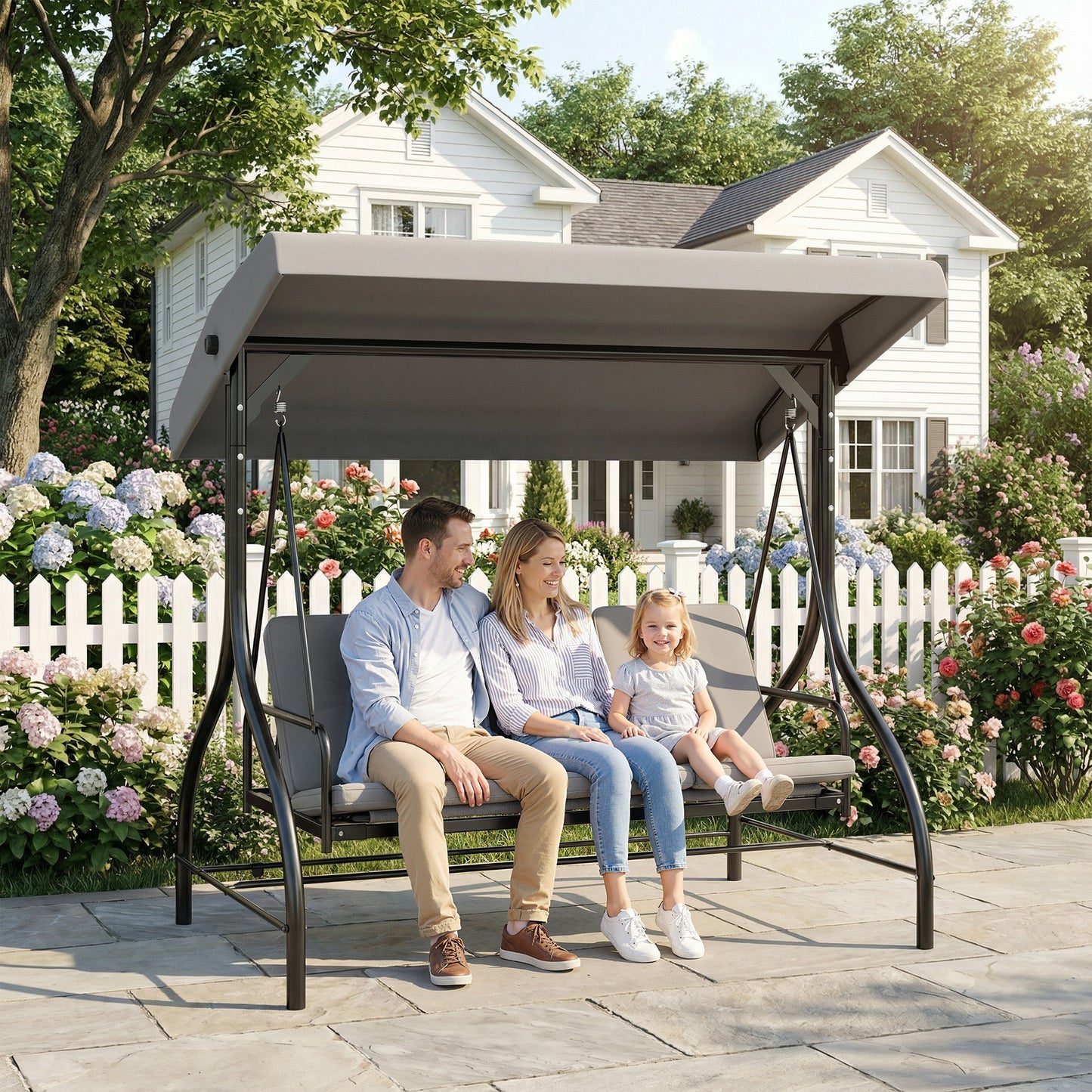 3 Seater Canopy Swing Chair Porch Hammock Bed, Light Grey