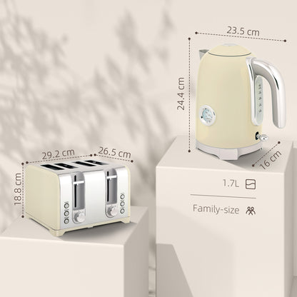 3000W 1.7L Kettle with Retro Thermometer, 4 Slice Toaster Set, Cream