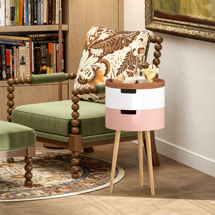 3-Tier Side Table, Round Living Room End Table with 2 Hidden Storage and Detachable Top Tray, Sofa Small Side Table with Wooden Legs, Multicolour